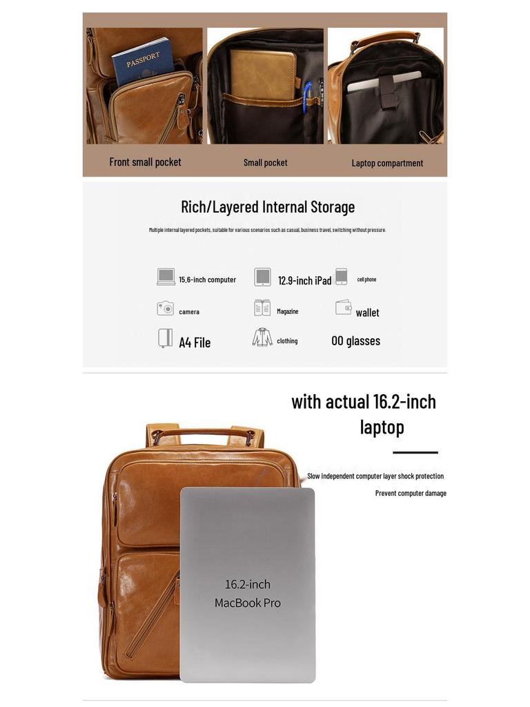 Мужской рюкзак для путешествий из натуральной кожи с несколькими карманами: Большая вместимость, универсальный и идеальный для повседневных приключений на открытом воздухе.