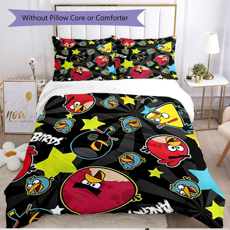 3pcs Duvet Cover Set (1*Duvet Cover + 2*Pillowcase, Without Core), Angry Birds Print Soft All‑Season Bedding Set, Home Bedroom Decor Gift