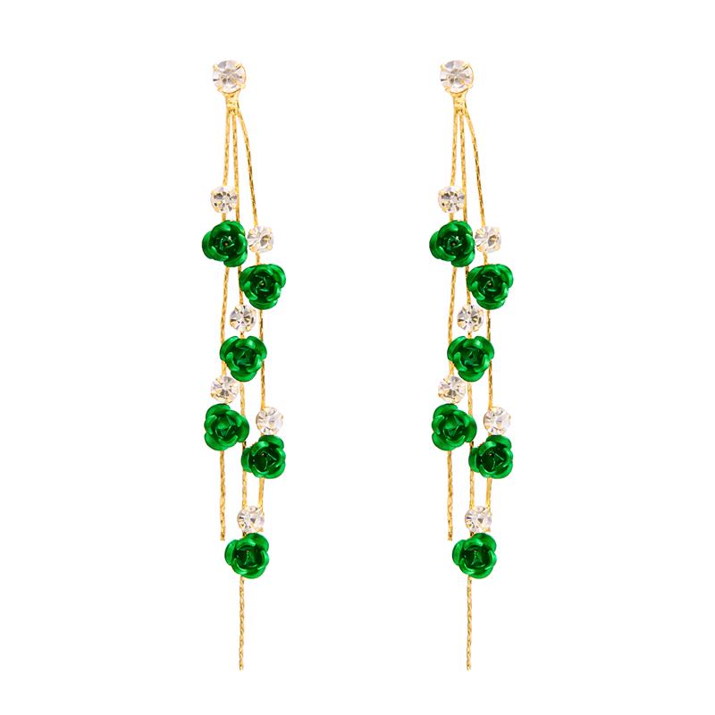 Темпераментная Женщина 2025 Модные Разноцветные Серьги с Розами Сплав Стразы Длинная Кисточка Элегантная Подвеска для Ушей Вечеринка Ювелирные Изделия Подарок