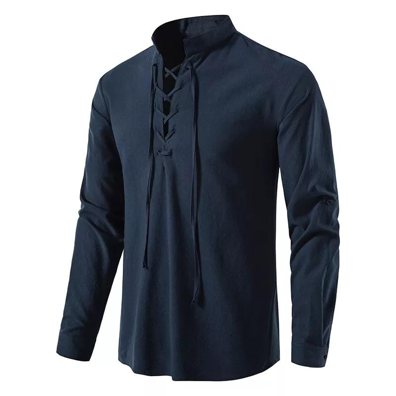 Новая мужская рубашка-henley из хлопка и льна, с длинным рукавом, в стиле хиппи, повседневная, для пляжа, с воротником-стойкой
