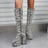 Fashion Women's Boots Winter Fashion Zebra Print Wedding Catwalk Sexy Thick Heel Knee-high Boots Pattern Leather Zipper Motorcycle Boots