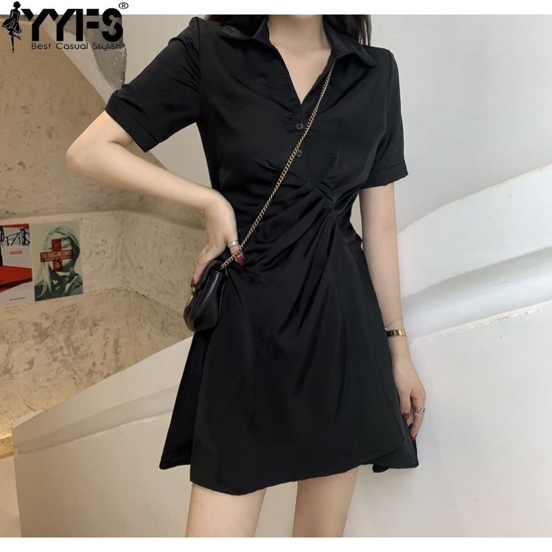 YYFS Women's Fashion Summer Spring Solid Color Print Short Sleeve V-Neck High Waist Casual Dresses