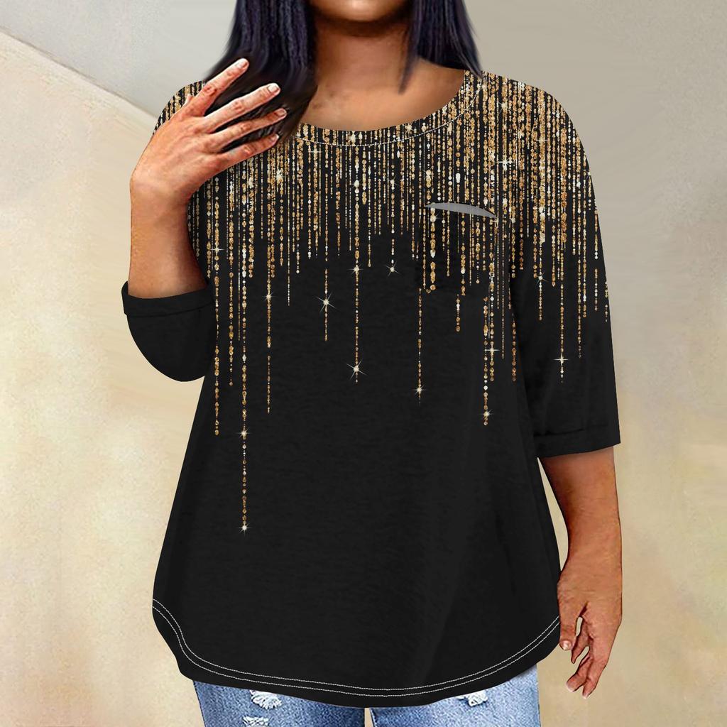 Женский модный повседневный пуловер с круглым вырезом и рукавом три четверти с принтом, топ с рукавами 4/3