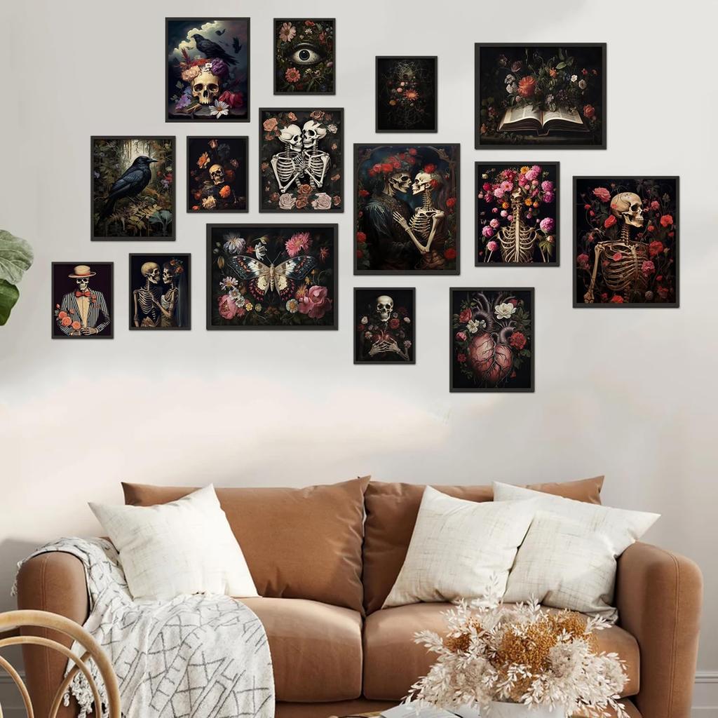 TRAMIN Romantic Gothic Wall Art, Goth Wall Art Prints, Dark Raven Skull Poster, Floral Gothic Decor For Bedroom, Moody Halloween Decor Aesthetic