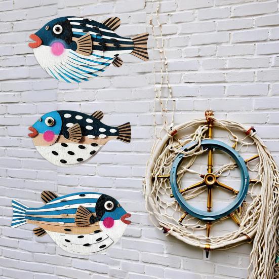 3Pcs/Set Puffer Wall Decoration Cute Decorative Wooden Globefish Rustic Cartoon Puffer Fish Wall Art Ornament for Living Room Bedroom Dining Room