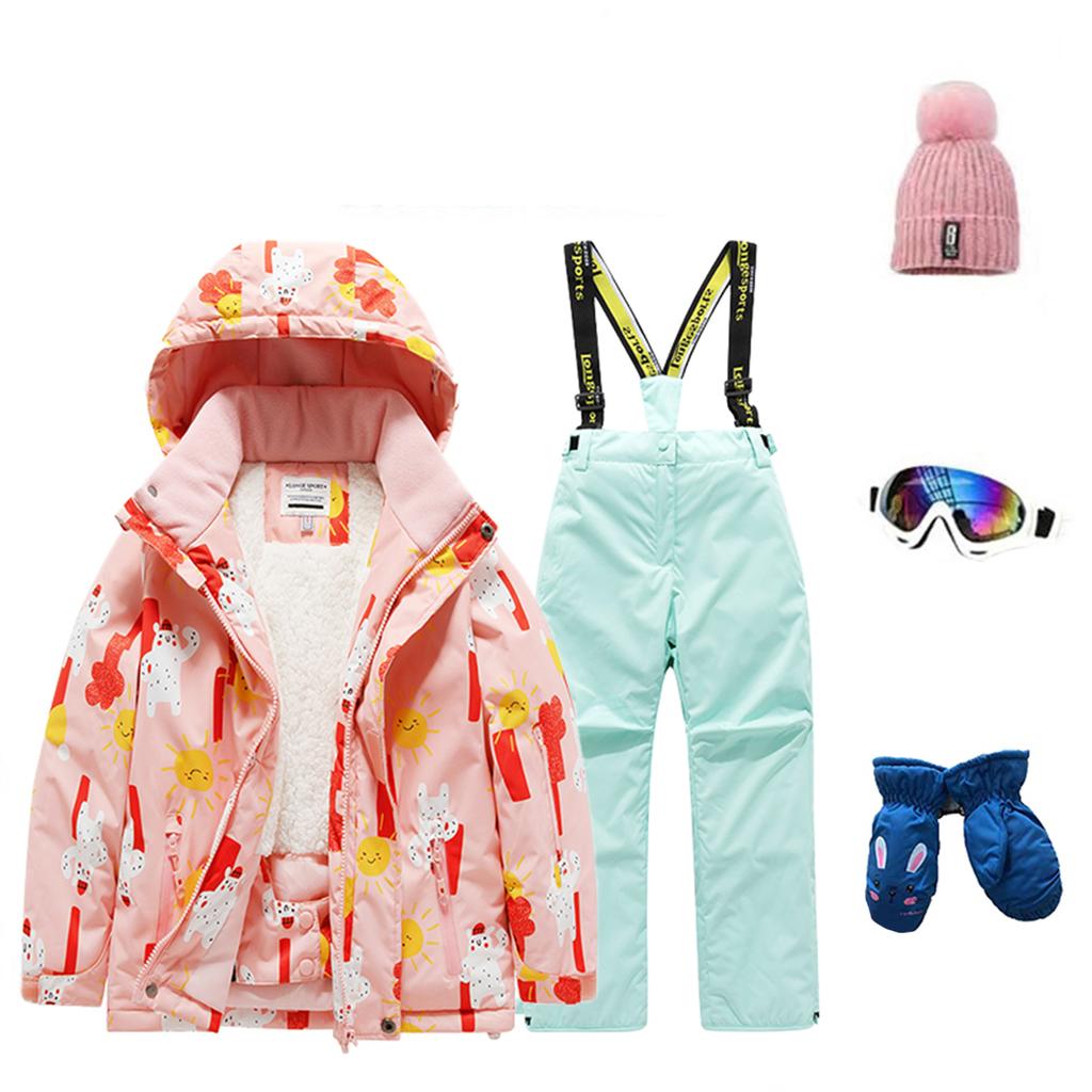 Детский модный лыжный комплект для мальчиков и девочек, утепленный, водонепроницаемый, термобелье, костюм из пяти предметов с курткой и брюками