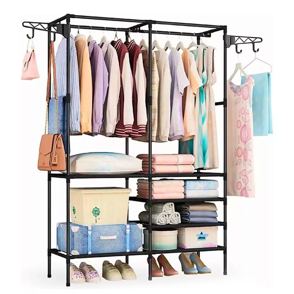 Double Rod Clothes Rack with 6 Storage Shelves Durable Steel Pipe Garment Rack Clothing Rack with 2