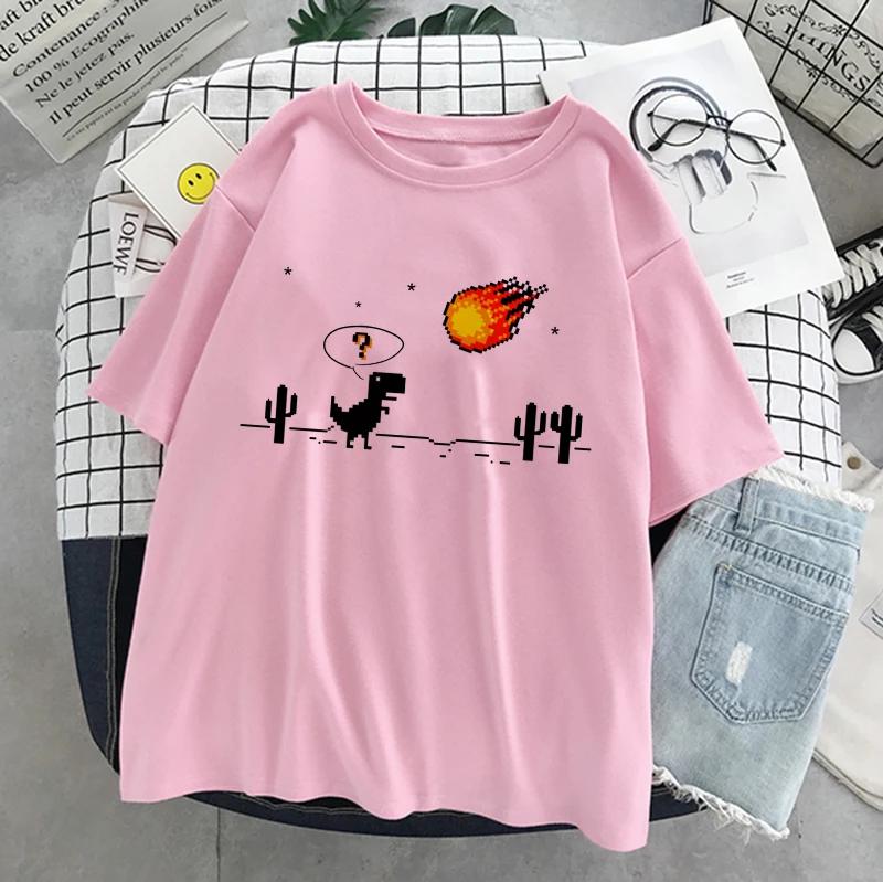 Динозавр Лето Новая Мультяшная Повседневная Панк Женская Футболка с Коротким Рукавом Харадзюку Винтаж Веселая Мода Инс Милая Сладкая Свободная