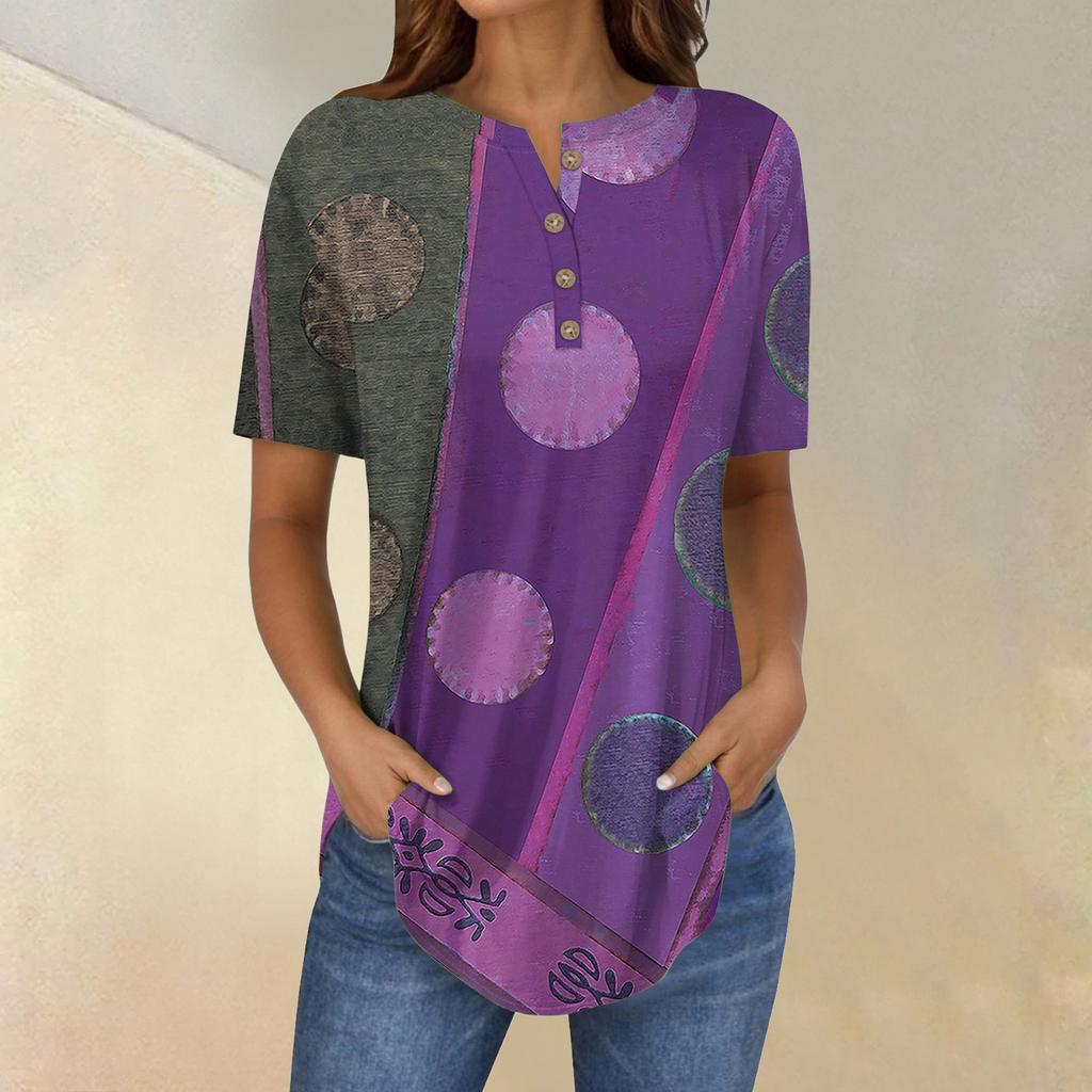 Short Sleeve Womens Tops Summer T-Shirts Floral Print V Neck Casual Basic Tee Button Shirts Tunic Tops