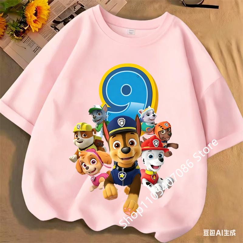 2026 Paw Patrol Children Clothes Birthday Number 1-9 T-Shirts Cartoon Printed T Shirt Boys Girls Short Sleeves Summer Clothing