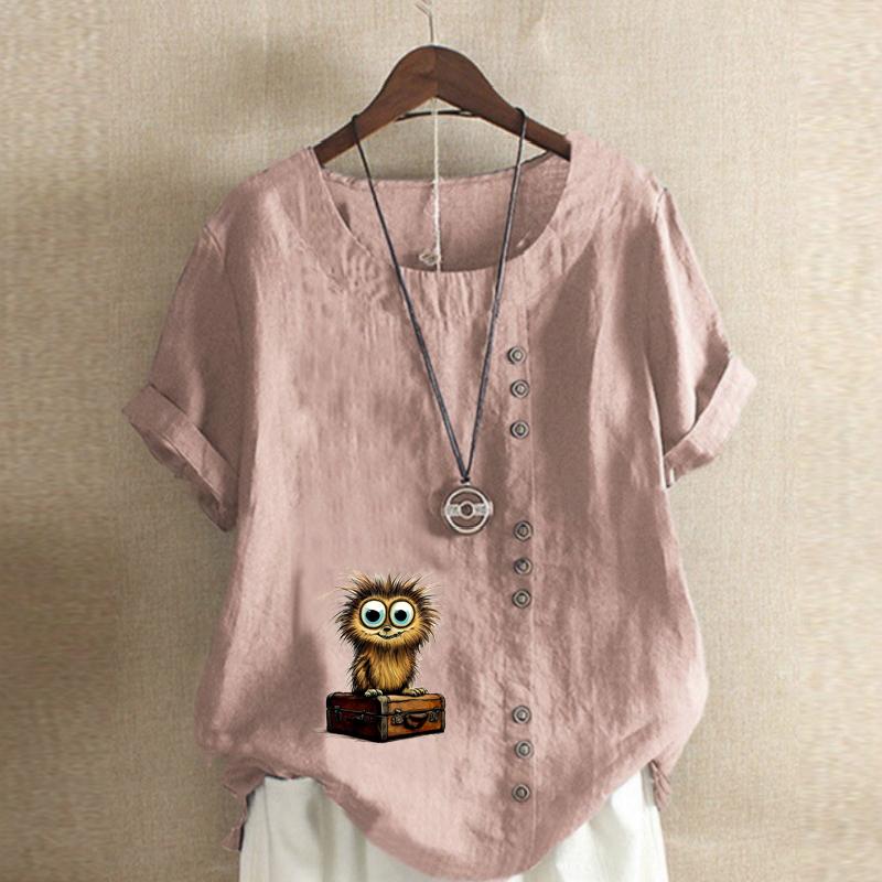 Women's Fashion Owl Prined Short Sleeve T-shirt Loose Cotton Shirt Casual Loose Summer Blouse Plus Size Tops