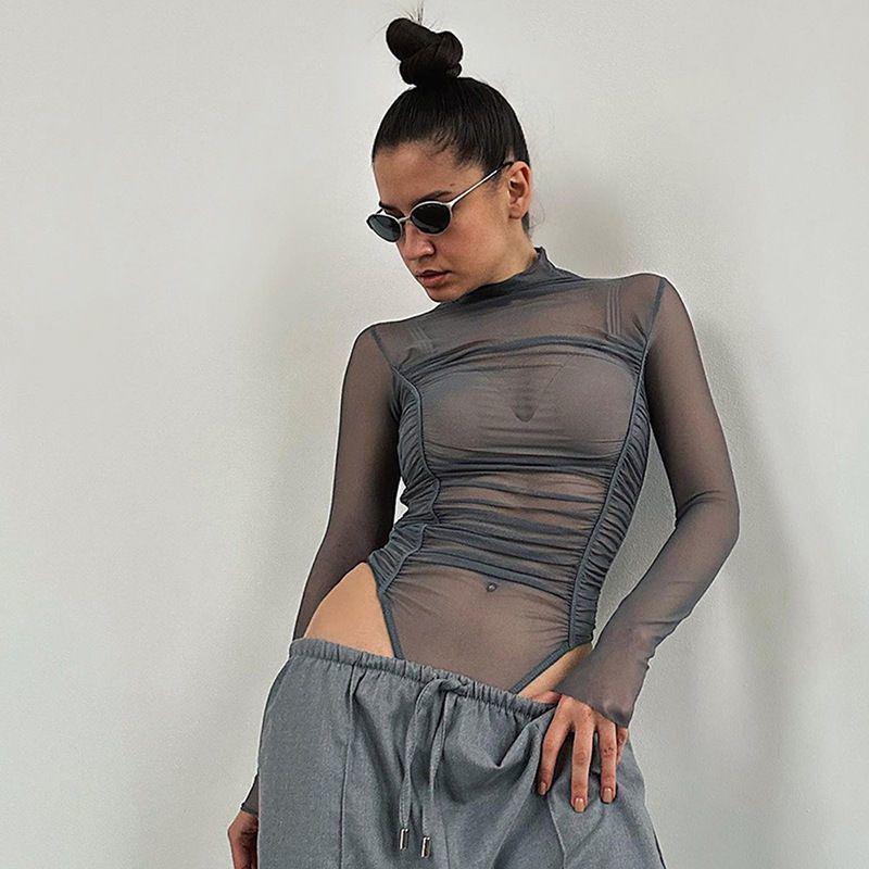 Женский прозрачный боди с длинным рукавом из сетки - Шикарный облегающий топ с высокой талией