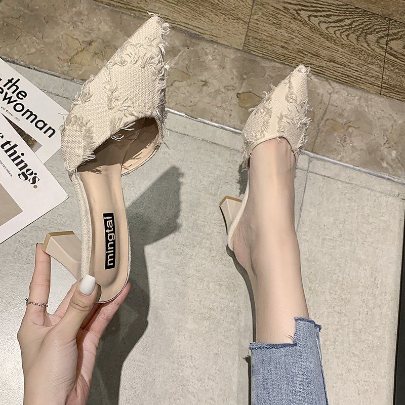 Sandals Black Slides Vintage Summer Feather Outside Woman Slippers Mules Shoes for Women 2024 Pointed Toe Heeled Shoe Clappers F