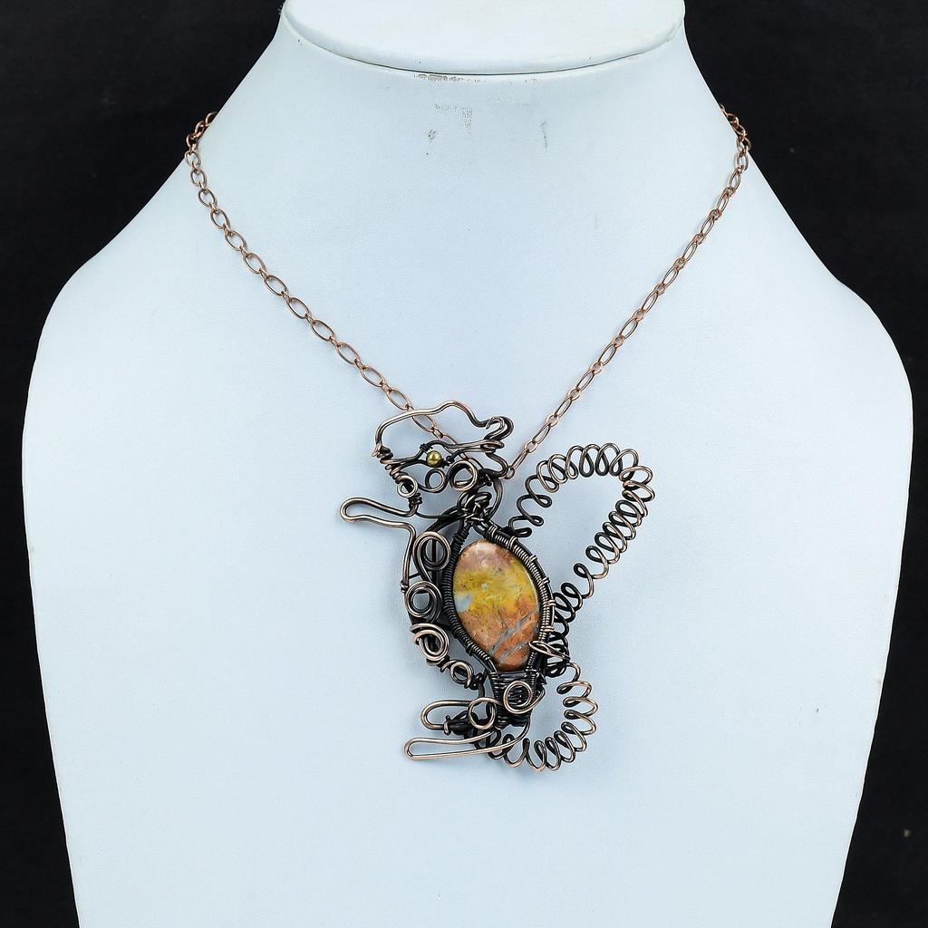 Подвеска из яшмы Малигано, подвеска из медной проволоки, подвеска ручной работы в виде кролика, уникальное ювелирное украшение, подвеска из драгоценного камня, медные украшения, подарки для матери
