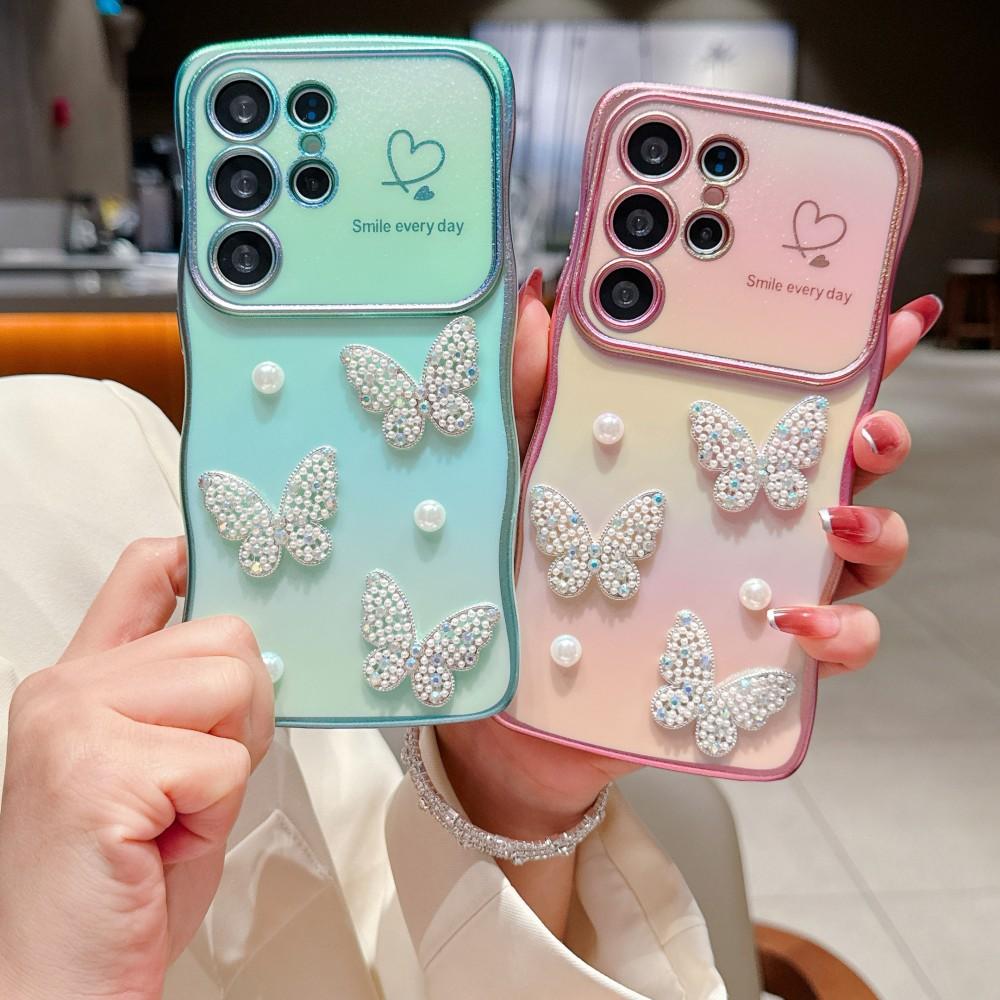 Love Pearl Butterfly Phone Cover For Samsung Galaxy S22 S23 S24 S25 Ultra Plus S24 FE S23FE S25 Edge 5G Case Shockproof Coque