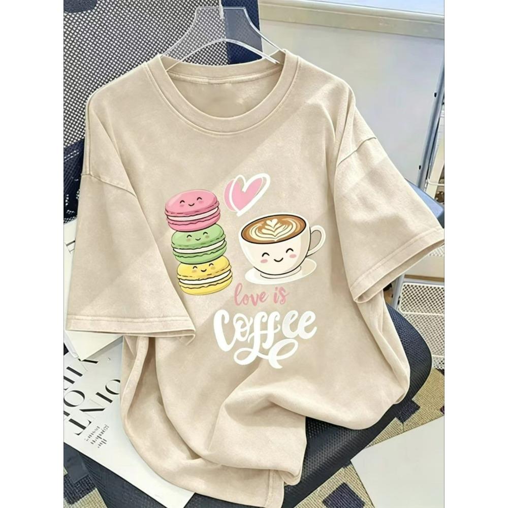 0-5XL Big And Tall Men'S Washed Oversized T-Shirt, Love Is Coffee Cute Macaron Heart Graphic Distressed Tee, Sweet