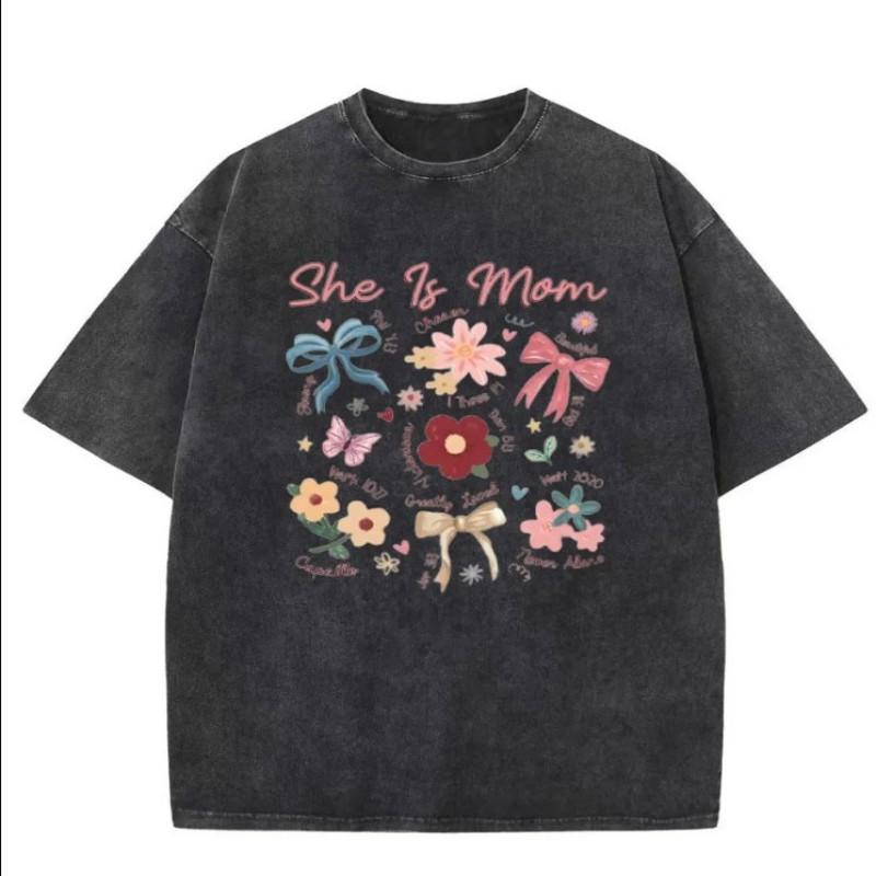 Cute Coquette Bow Flower Graphic T Shirt Women Washed Cotton Pink Ribbon Print Tee Summer Retro Aesthetic Style Daily Top
