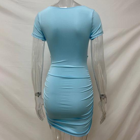 Женское платье-футляр с глубоким V-образным вырезом, плиссированными узкими короткими рукавами, сплошной цвет, узкая высокая талия, мягкое эластичное женское вечернее мини-платье для ночного клуба