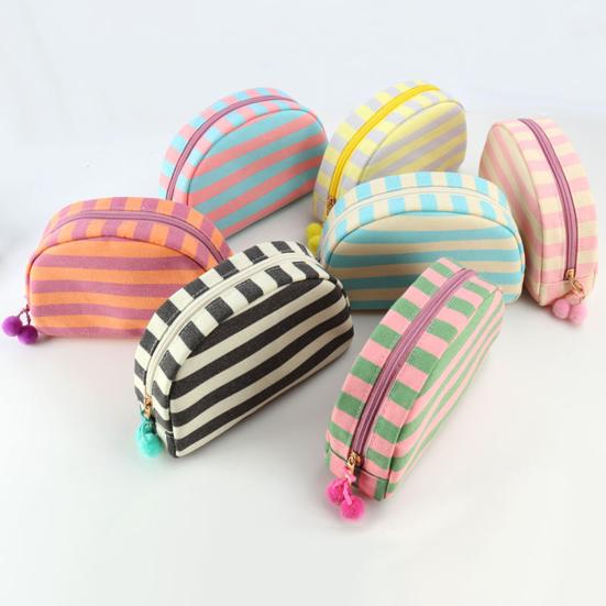 Косметичка в полоску из ракушки, холщовая, дорожная, органайзер для макияжа, портативная, милая косметичка с помпонами для женщин и девочек.