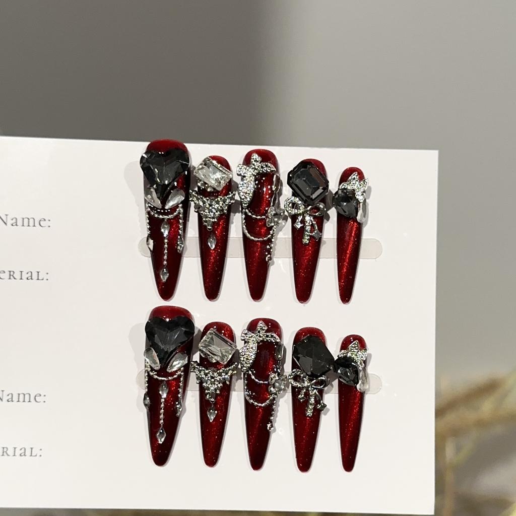 Красные накладные ногти ручной работы со стразами, длинные стилеты, многоразовые акриловые накладные ногти, полное покрытие, клей для ногтей, самоклеящиеся ногти для женщин