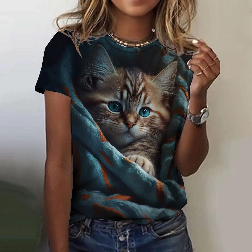 Модная женская футболка с 3D принтом животного Kawaii Cat Графические футболки Летняя футболка с коротким рукавом Повседневная тканая верхняя дизайнерская одежда