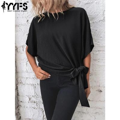 Женские модные повседневные летние весенние однотонные блузки и рубашки с короткими рукавами и круглым вырезом с принтом