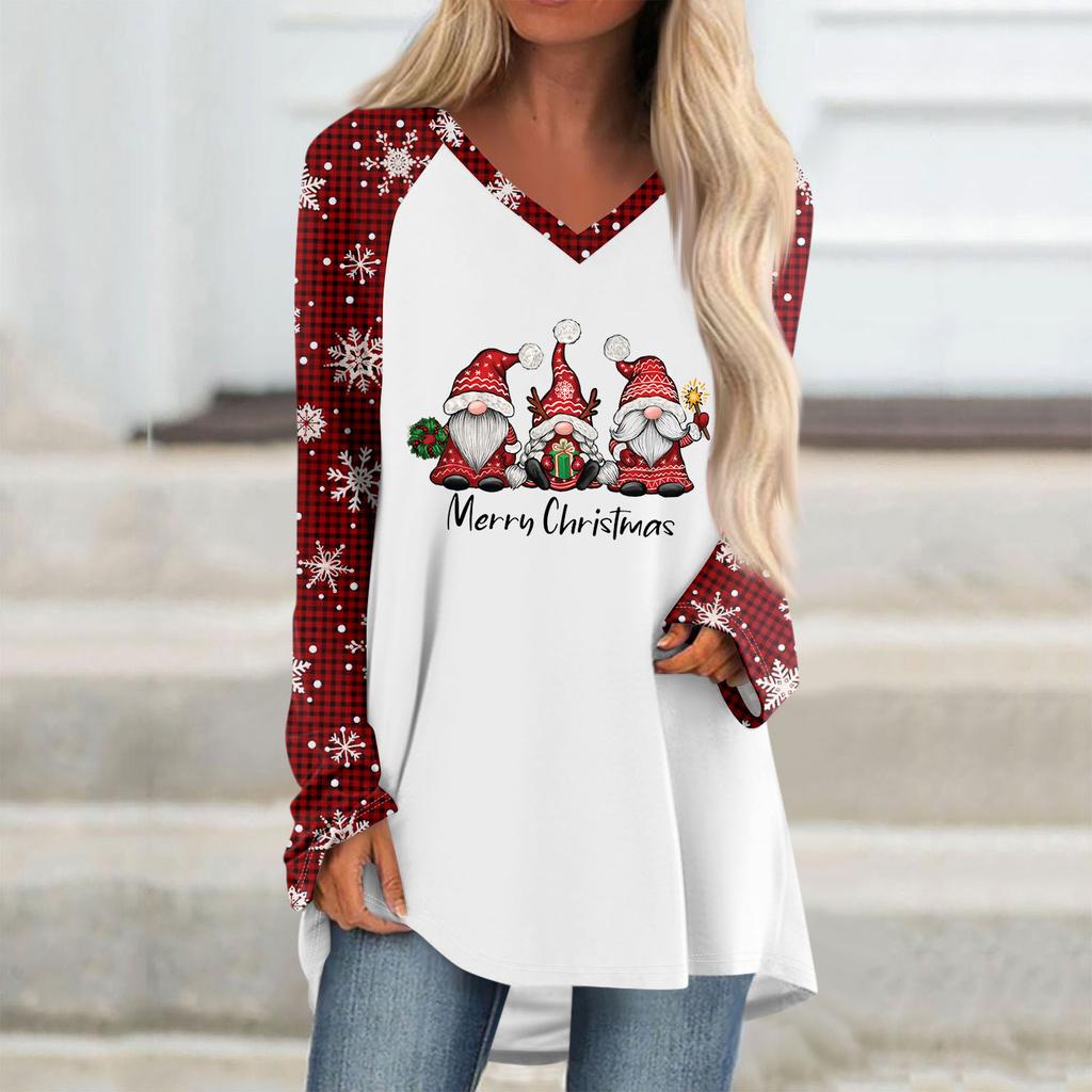 Женская и зимняя футболка с длинными рукавами и V-образным вырезом с рождественским принтом, повседневная длинная свободная футболка