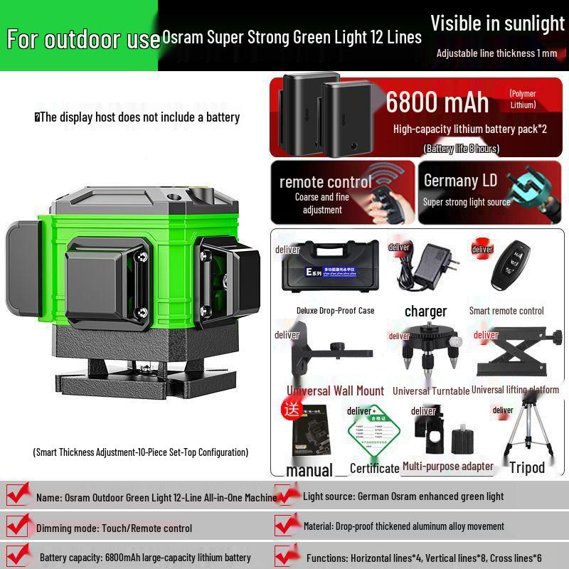 Green Light Laser 8/12/16 High-Precision Infrared Level for Walls/Floors