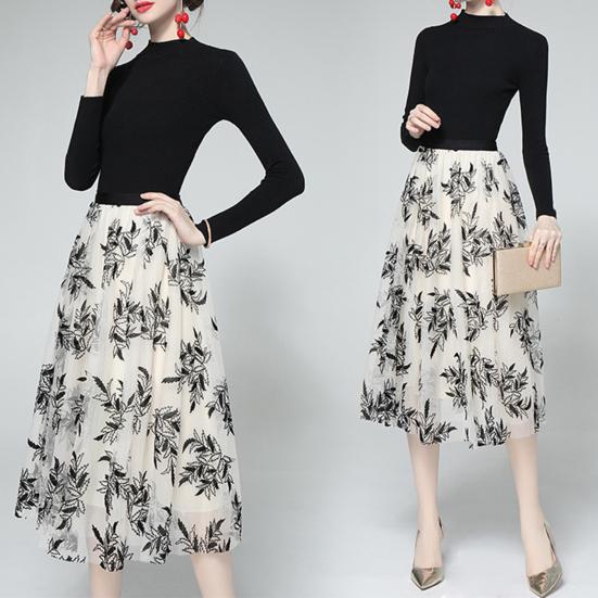 Women A-Line Skirt 3D Embroidered Leaf Print Double-Layered Mesh Tulle High Waist Midi Skirt