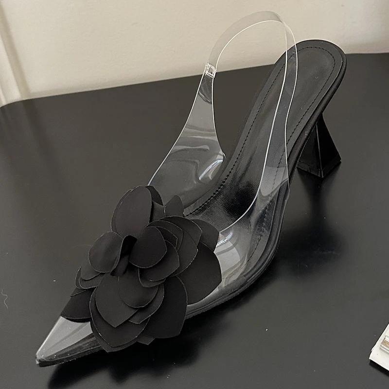 Модные женские туфли-лодочки, босоножки, летние, сексуальные, с открытой пяткой, на высоком каблуке, с цветочным принтом, элегантные, с острым носком, прозрачные, из ПВХ, для вечеринок и свадеб, на каблуках