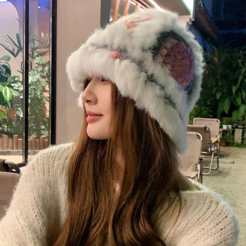 Faux Rabbit Fur Earflap Bucket Hat Fluffy Winter Windproof Hat Warm Fisherman Knitted Hat Girls