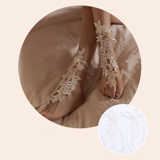 1 Pair Foot Cover with Toe Ring Hollow Out Lace Flower Applique Temptation Solid Color Close-fitting Honeymoon Wedding Night Foot Cover Foot