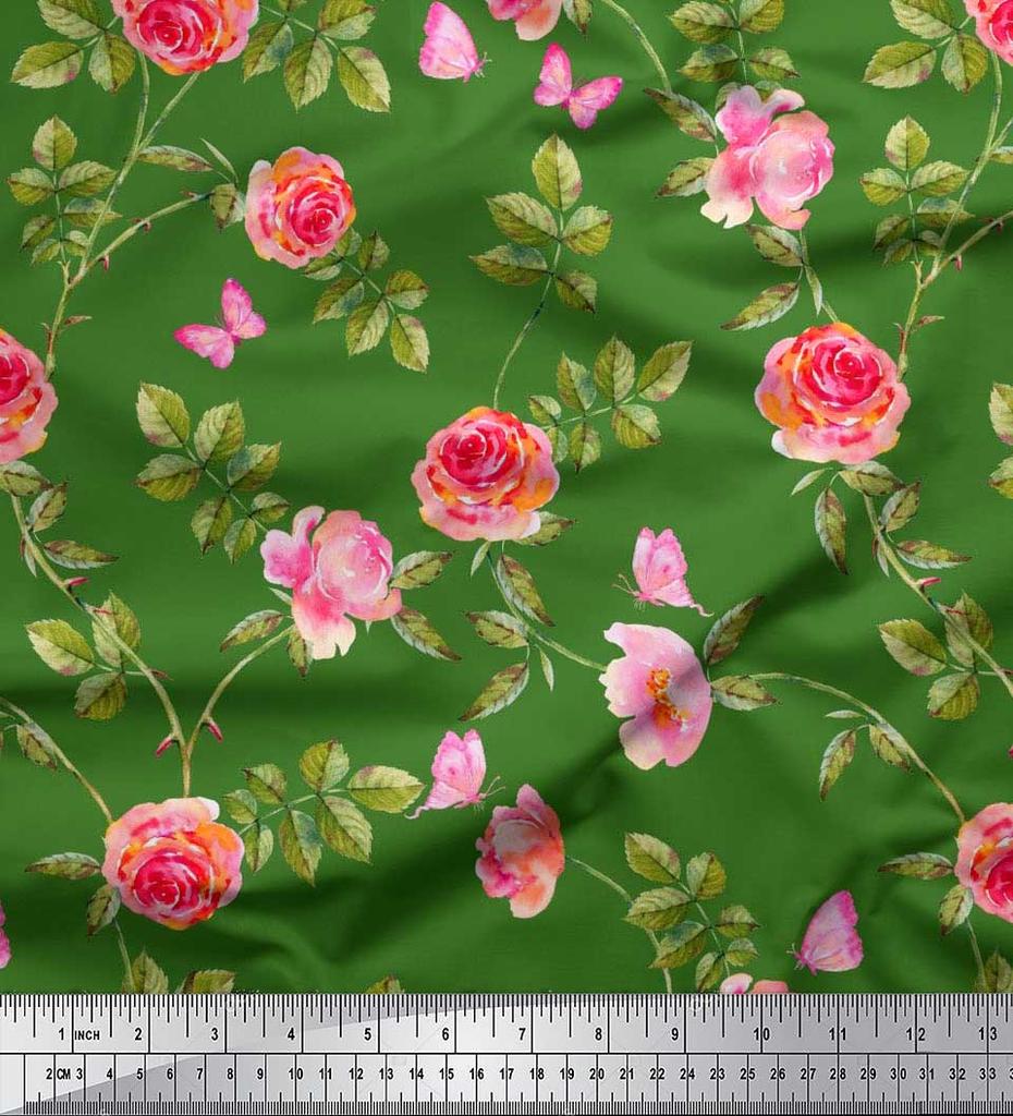Soimoi Японская креп-сатиновая ткань с листьями, розами и пионами, ткань с цветочным принтом по метрам, 42 дюйма
