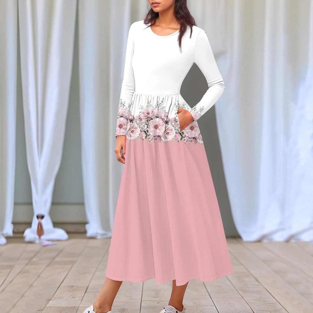 Женское платье миди в стиле бохо с цветочным принтом, повседневное, с длинным рукавом, струящиеся платья со сборками и карманом, лето и весна