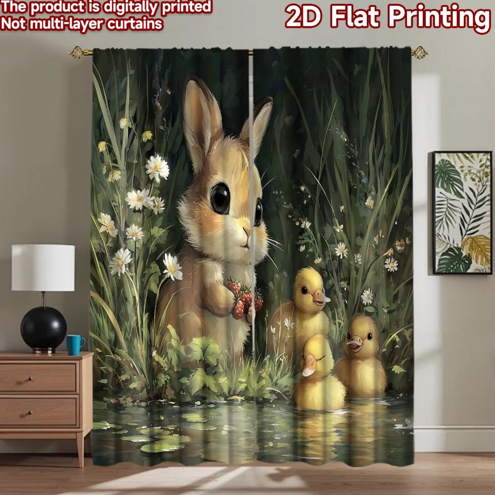 2D flat printing 2pcs Curtain Bunny Duckling Water Nature Digital Printed Polyester Drapes Festive Wall Decor Perfect for