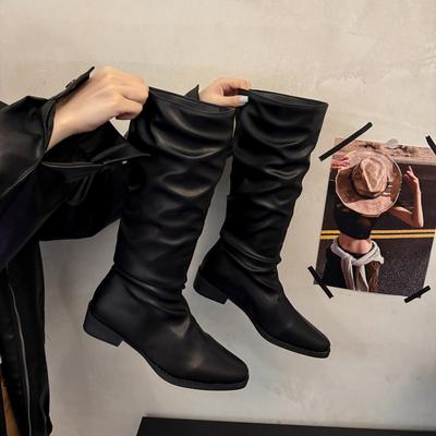Ботинки на меху женские ботинки 2025 новая весна и осень ретро, но до колена тонкие однотонные на толстом каблуке рыцарские сапоги