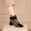 2025 Autumn/Winter Patent Leather Chunky Heel Ankle Boots with Square Toe and Buckle Details