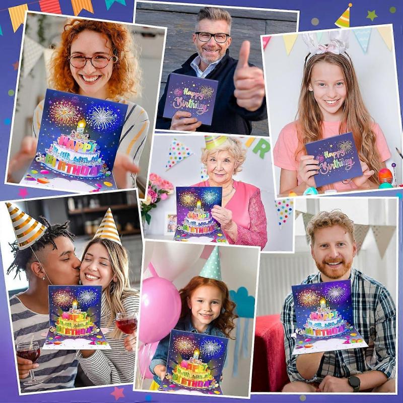 Birthday Cards Fireworks Pop Up Cake Blowable Light and Music Happy Birthday Card Gifts for Women Men Mom Kids less