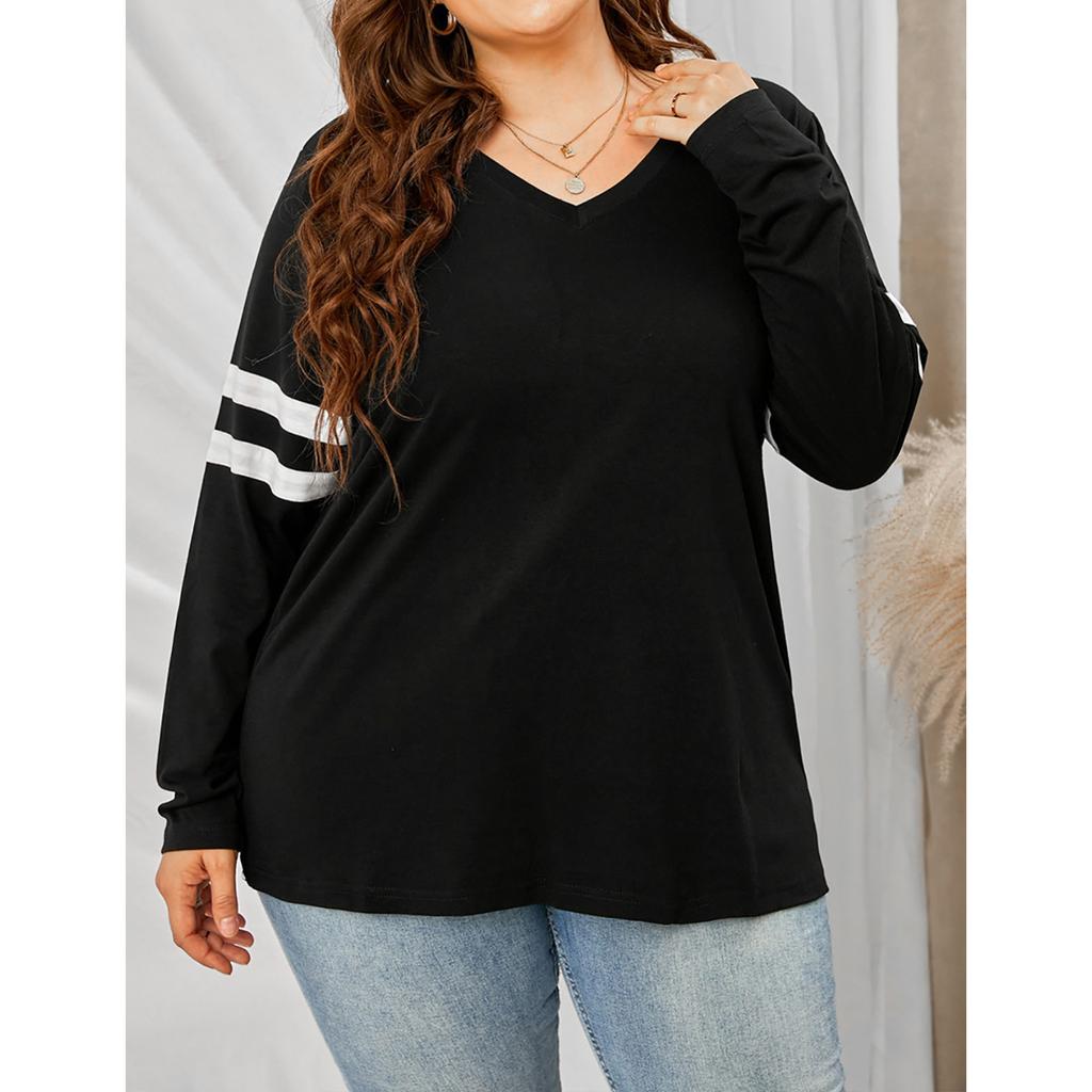 Women's Casual V Neck Pullover Long Sleeve Striped Colorblock Oversized Shirts