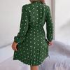 Autumn Winter Women's High Waist Pleated Dress Long Sleeve Lace Up Dot Temperament