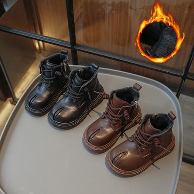 Девочки осень и зима новые маленькие девочки зарубежный стиль британский ветер маленькие детские кожаные ботинки плюс кашемир два хлопка маленькие девочки ботильоны