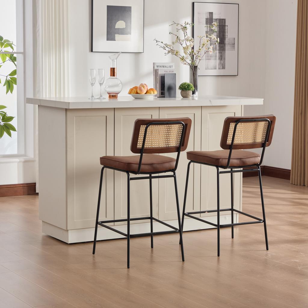 Bar Stool in High-Gloss, 2 Chairs per Pack, PU Leather Upholstery in Vintage Style, without Armrests, Backrest with Wooden Frame, Metal Legs.Brown