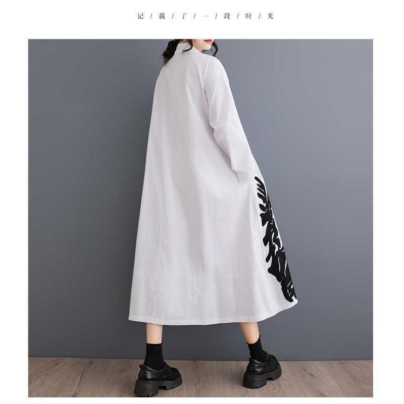 Loose Large Size Splicing Casual Simple Printed Sweet Long Sleeve Shirt Dresses