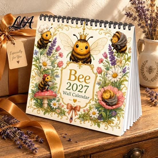 Decorative Desktop Planner 2027 Bee Themed Calendar, Spiral Binding And Thickened Desk Calendar Paper Planner, Monthly Agenda for Daily Schedule