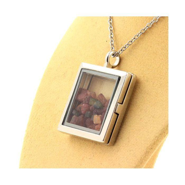 Stones and Minerals. Raw Multicolor Tourmaline Necklace. Square Model. Color Silver.