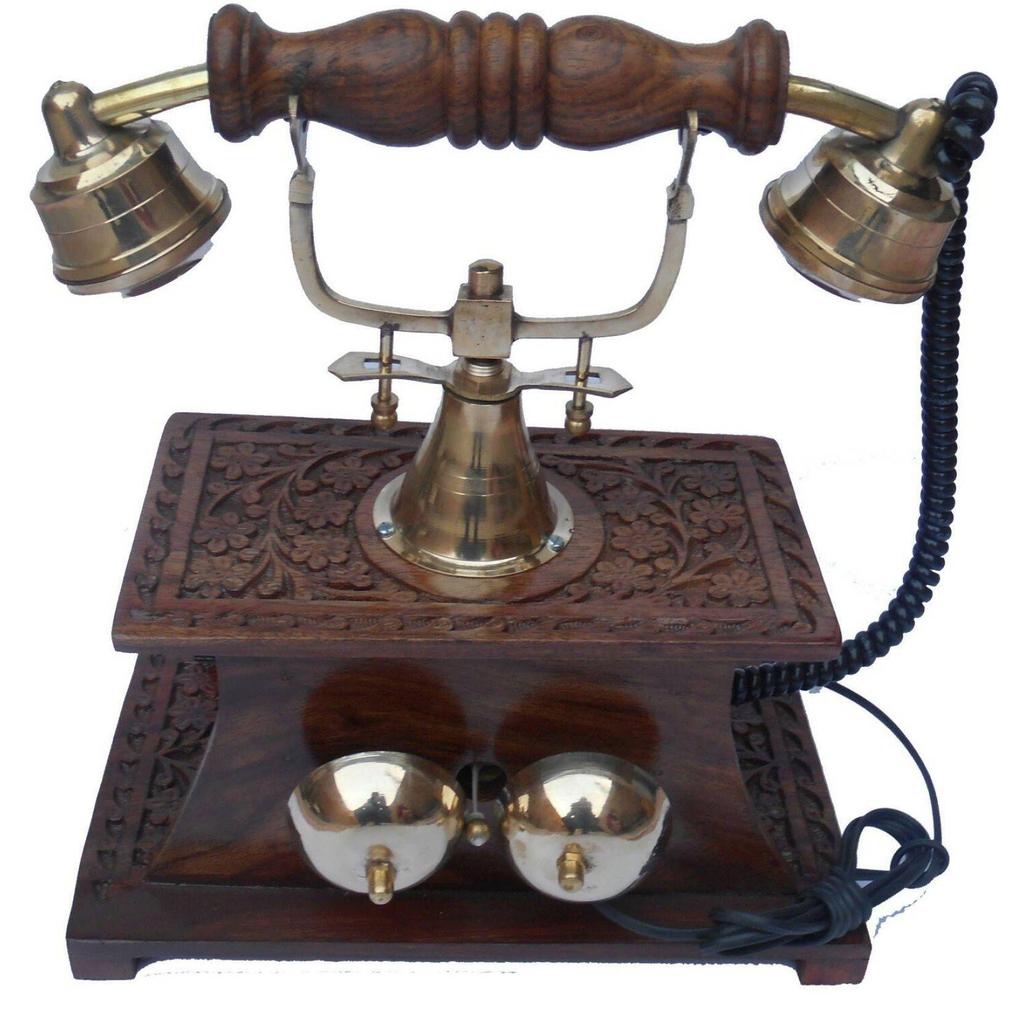 Shesham Wood & Brasss Made Operationall Telephonee With Well Carving On It Decorative Showpiece - 23 Cm (Brass, Brown)