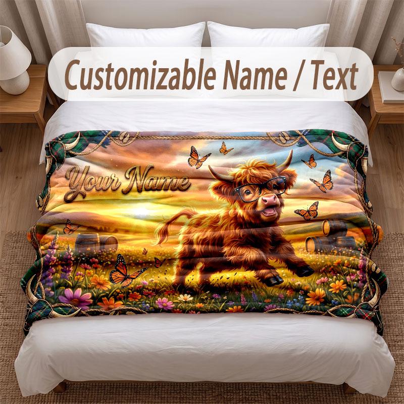 Highland Cow Theme Soft Blanket Personalized Custom Name Text Print Warm Blanket Home Sofa Bedroom Decor