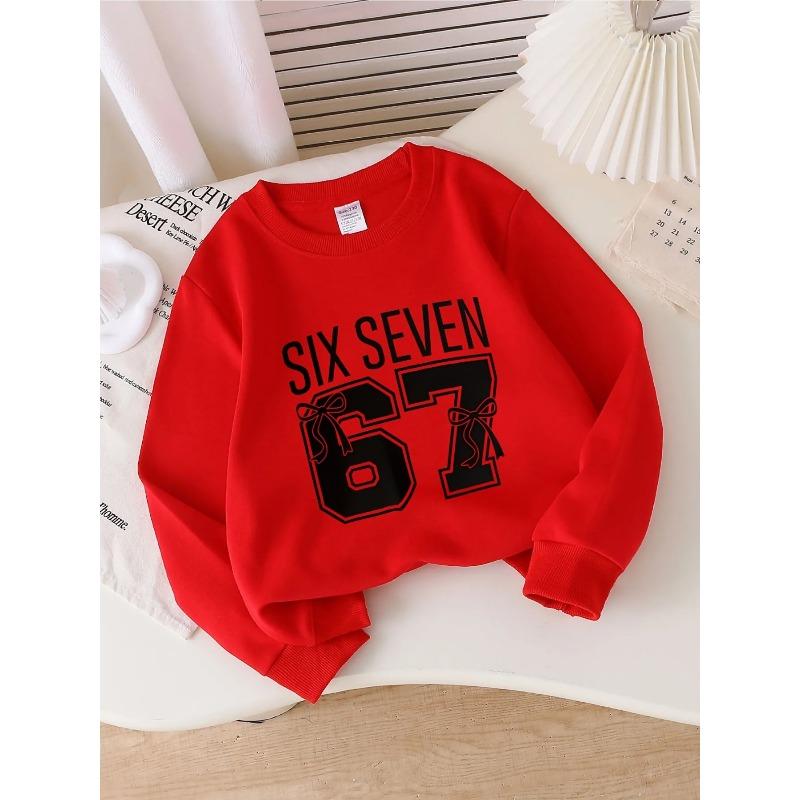 Детская толстовка для девочек с круглым вырезом, с надписью "SIX SEVEN" в стиле varsity, номер 67, с принтом милого бантика, белый, мягкий флис, пуловер для 7-го дня рождения