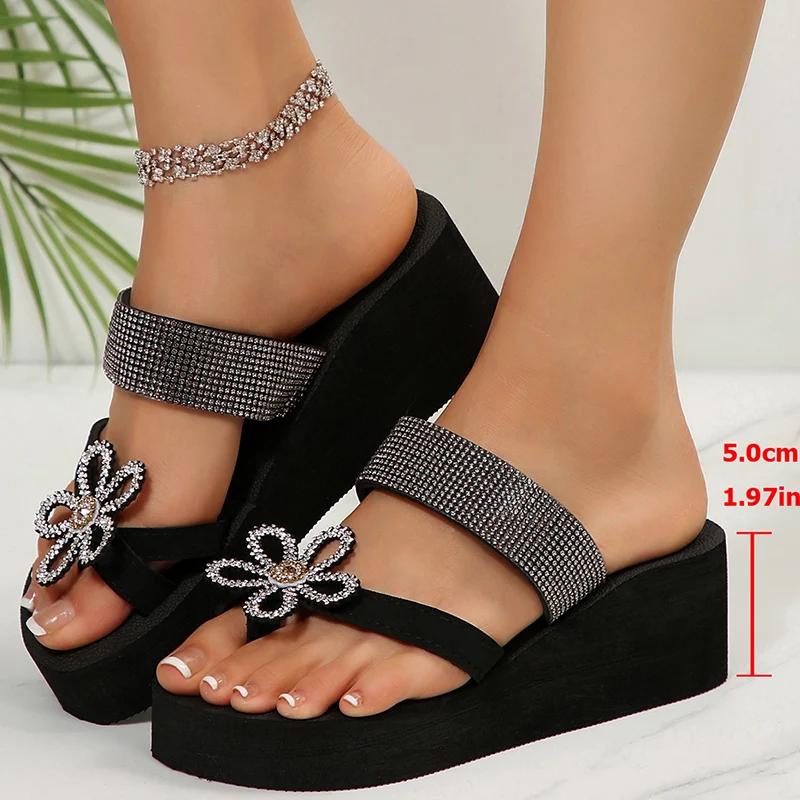 Fashion Fashion Crystal Flower Wedges Slippers Women Summer Thick Bottom Clip Toe Sandals Woman Lightweight Plus Size Slides Shoes 36-42