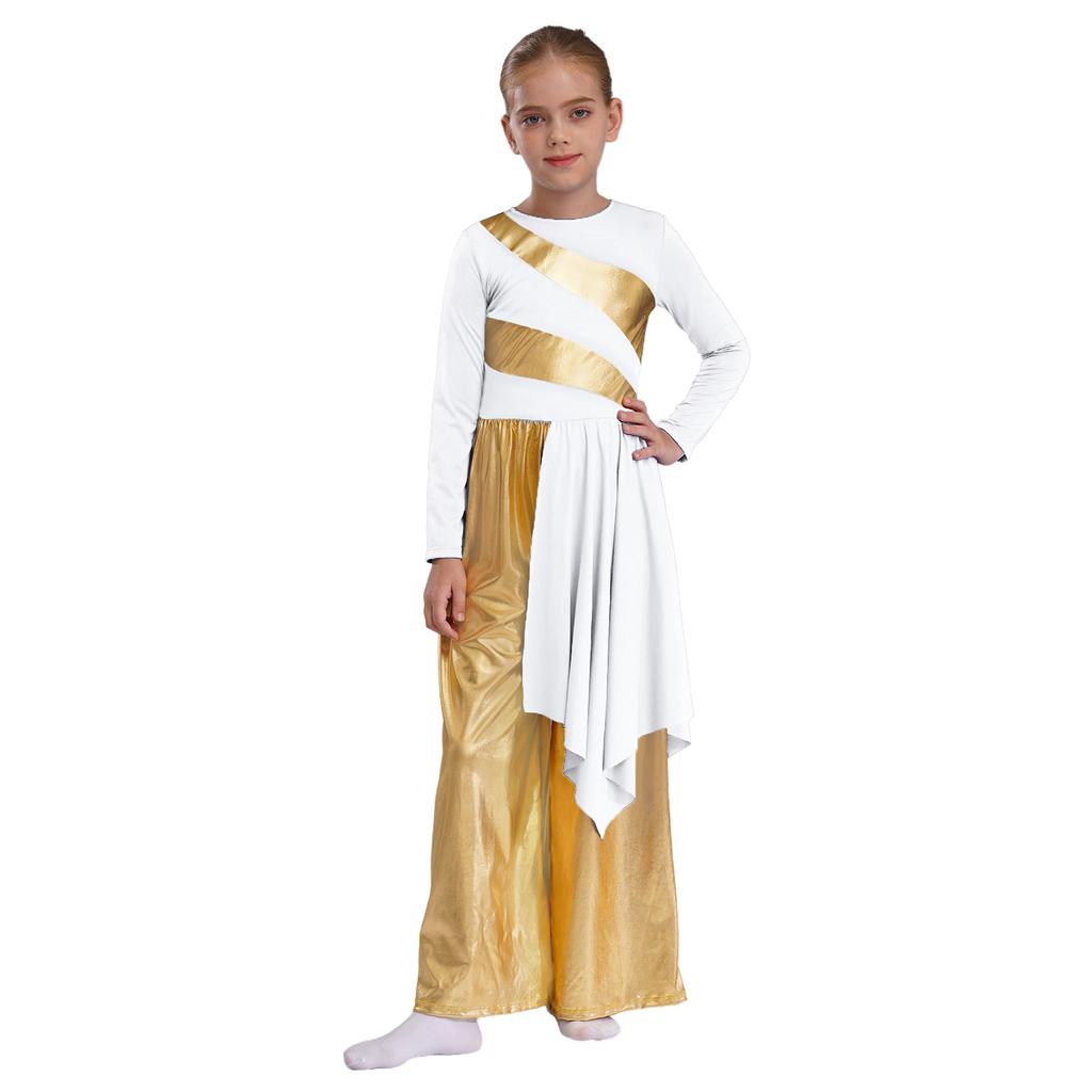 Girls Praise Dance Bodysuit Metallic Color Block Design Patchwork Irregular Drape Wide Leg Jumpsuit